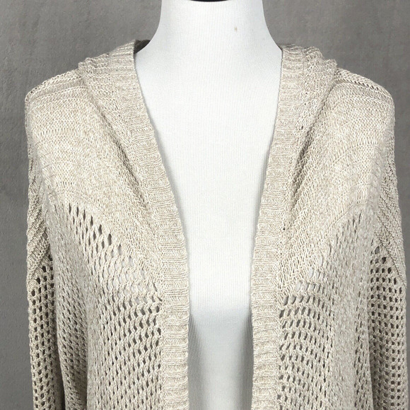 EDDIE BAUER Linen Cotton Open Cardigan Sweater Sz M Oatmeal Knit Pockets Hooded - Picture 2 of 12